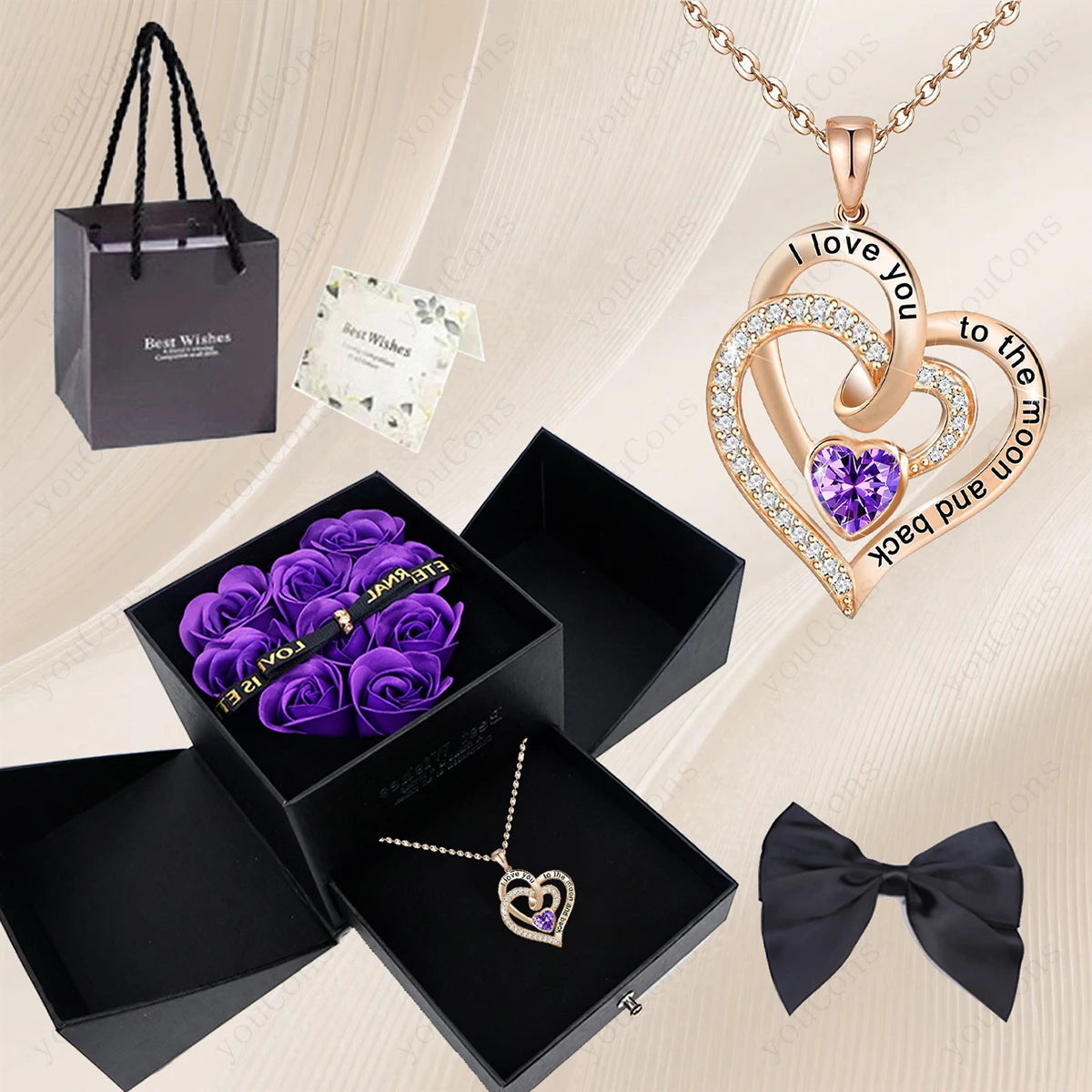102PE-BX02DPE Metal Color Heart Zircon Pendant Necklace With Rose Bow Gift Box