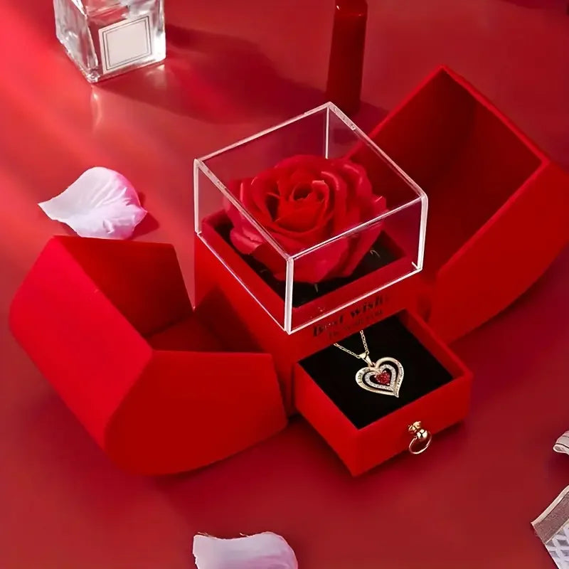 Heart Pendant Necklace With Red Rose Gift Box
