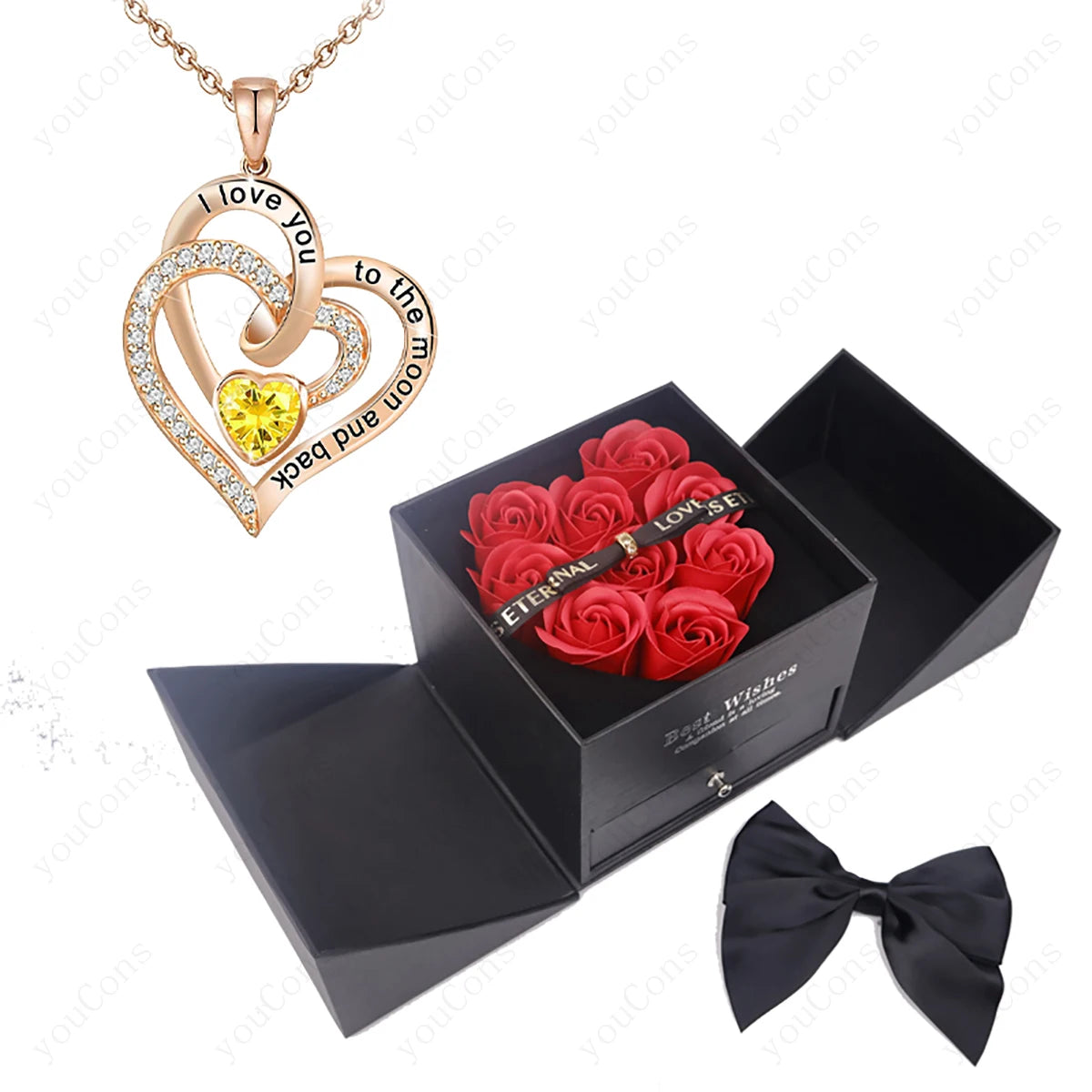 102YW-BX02RD Metal Color Heart Zircon Pendant Necklace With Rose Bow Gift Box