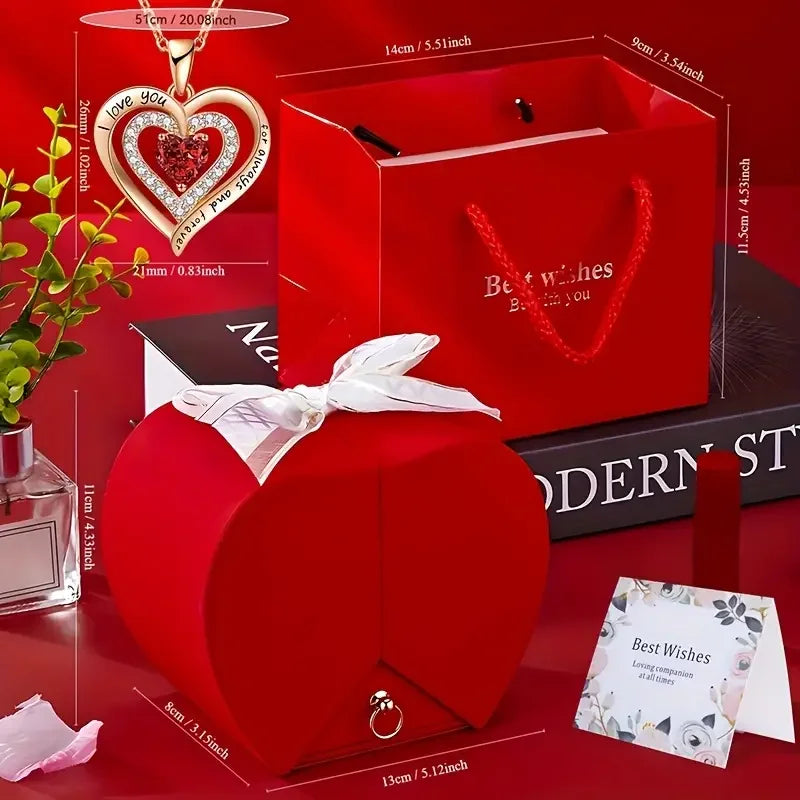 Heart Pendant Necklace With Red Rose Gift Box