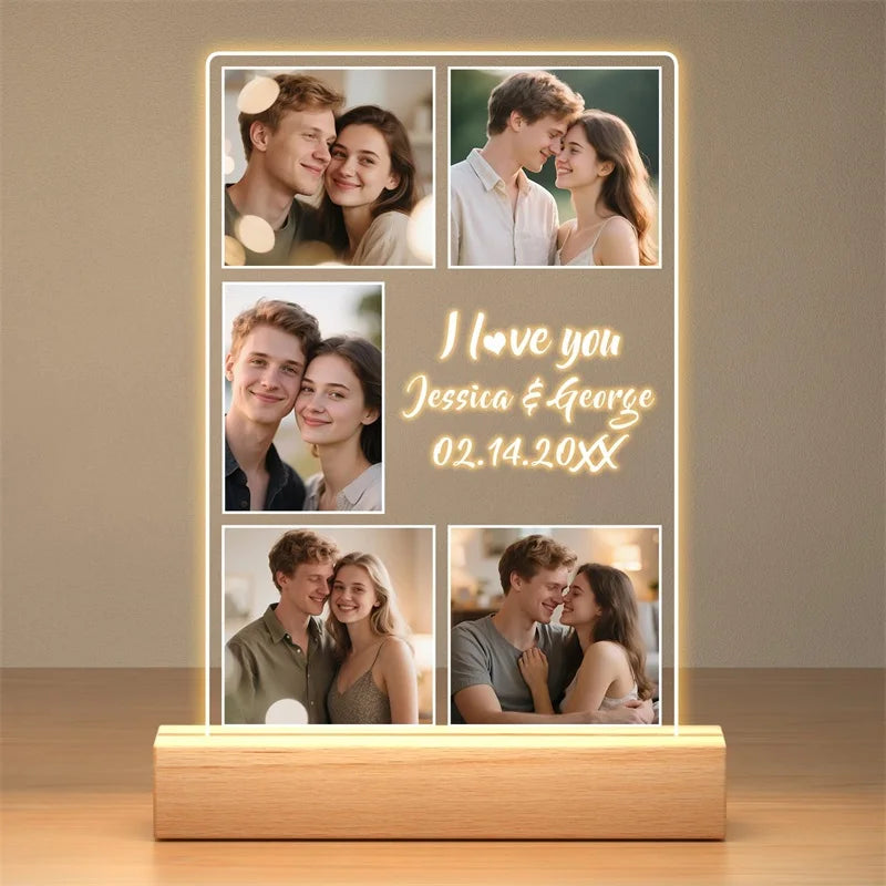 5 Photos Metal Color Personalized Acrylic Photo Frame With Night Light Gift