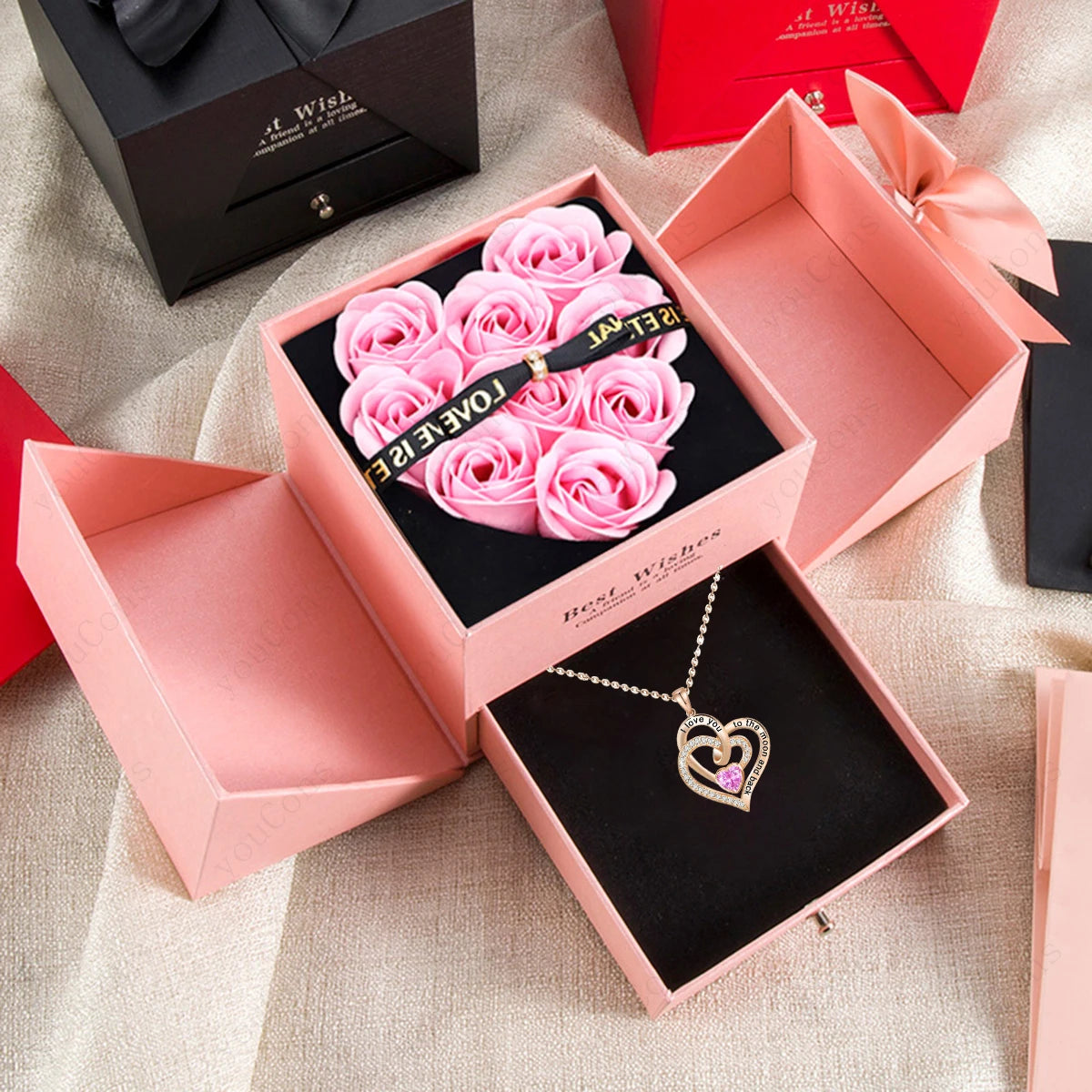 Heart Zircon Pendant Necklace With Rose Bow Gift Box