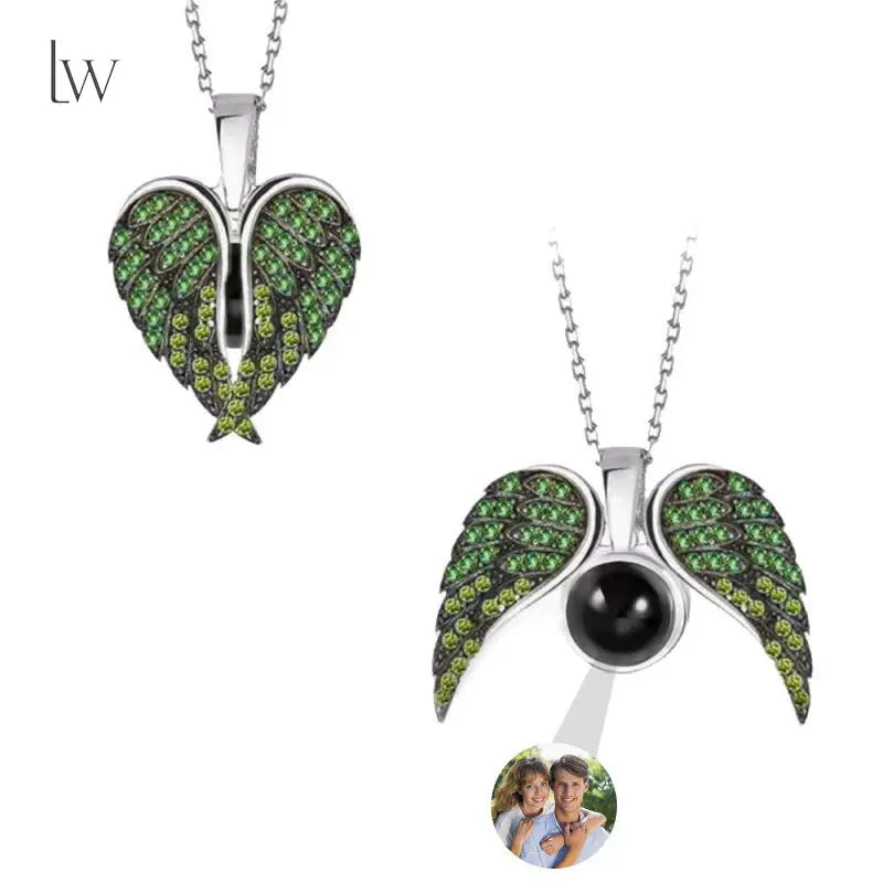 Green Metal Color Custom Photo Angel Wings Necklace With Projection Charm