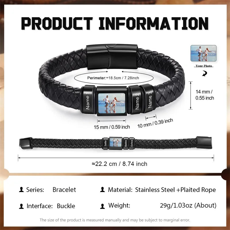 Men’s Custom Photo Leather Bracelet With Engraved Name
