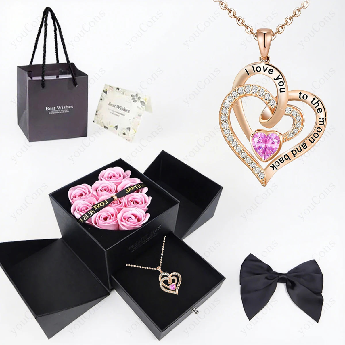 102PK-BX02PK Metal Color Heart Zircon Pendant Necklace With Rose Bow Gift Box