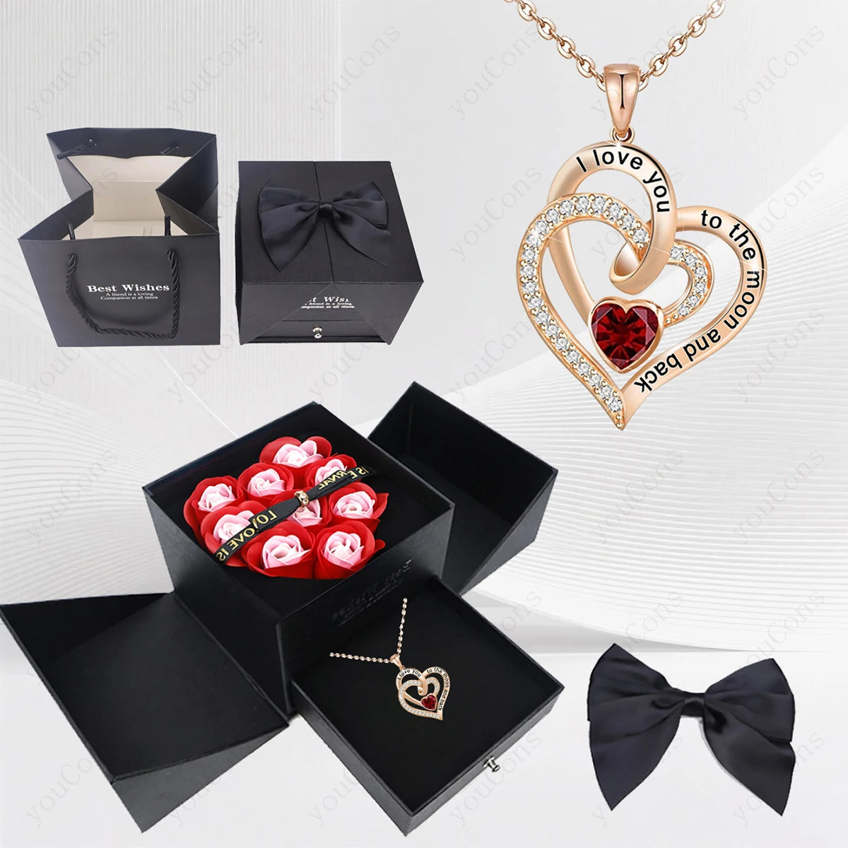 102RD-BX02B-RDPK Metal Color Heart Zircon Pendant Necklace With Rose Bow Gift Box