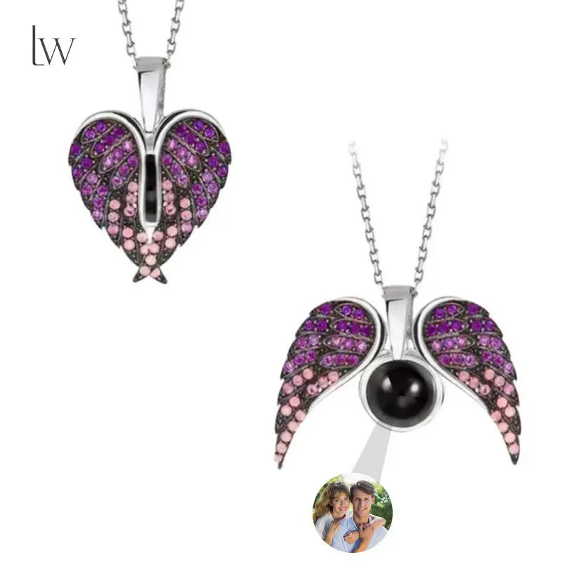 Violet Metal Color Custom Photo Angel Wings Necklace With Projection Charm