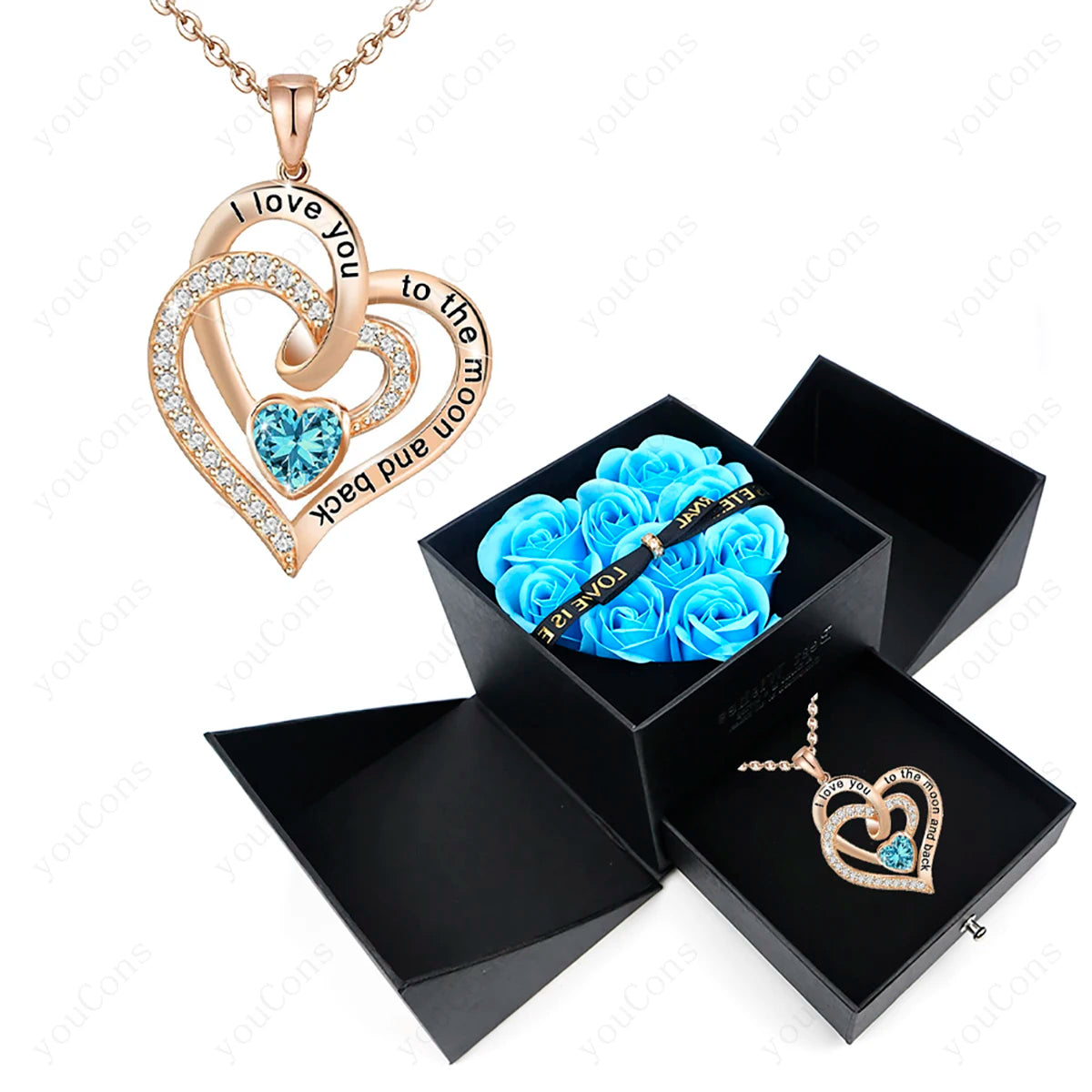 102LBE-BX02BE Metal Color Heart Zircon Pendant Necklace With Rose Bow Gift Box