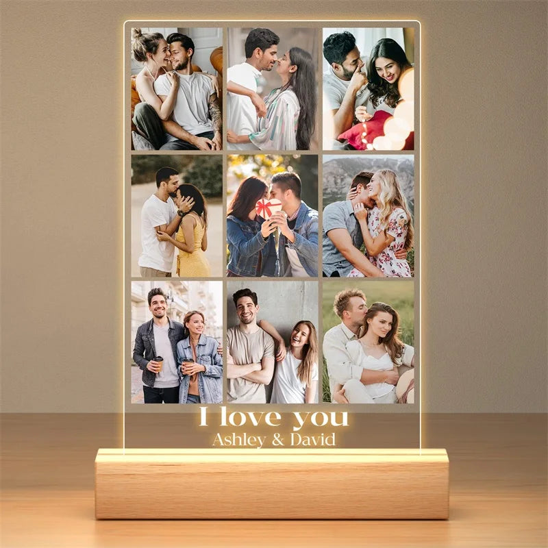 9 Photos Metal Color Personalized Acrylic Photo Frame With Night Light Gift