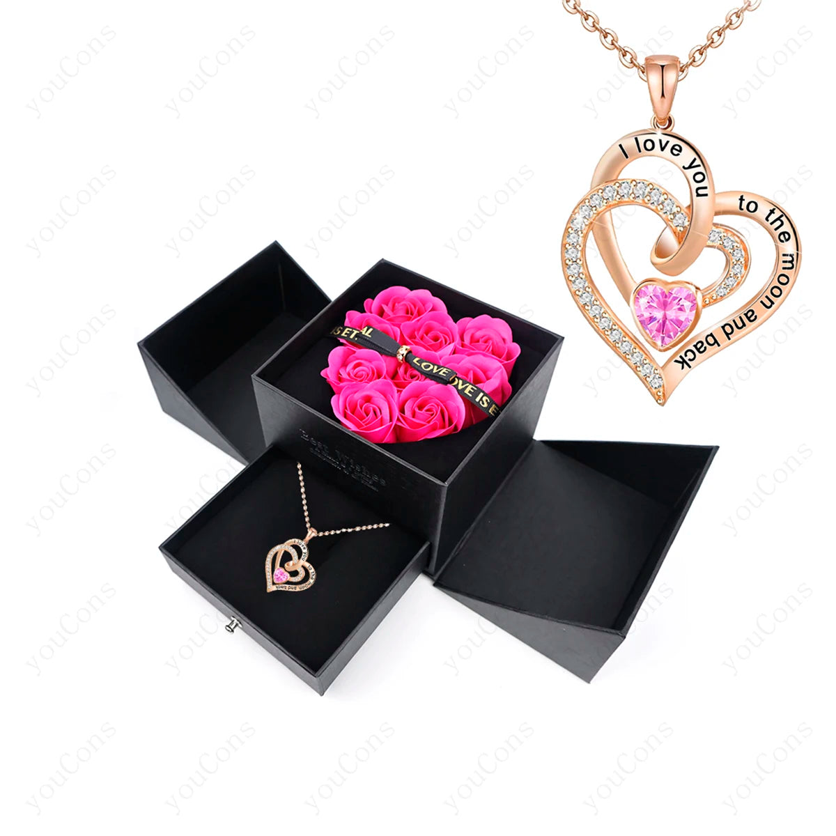 102PK-BX02PRD Metal Color Heart Zircon Pendant Necklace With Rose Bow Gift Box