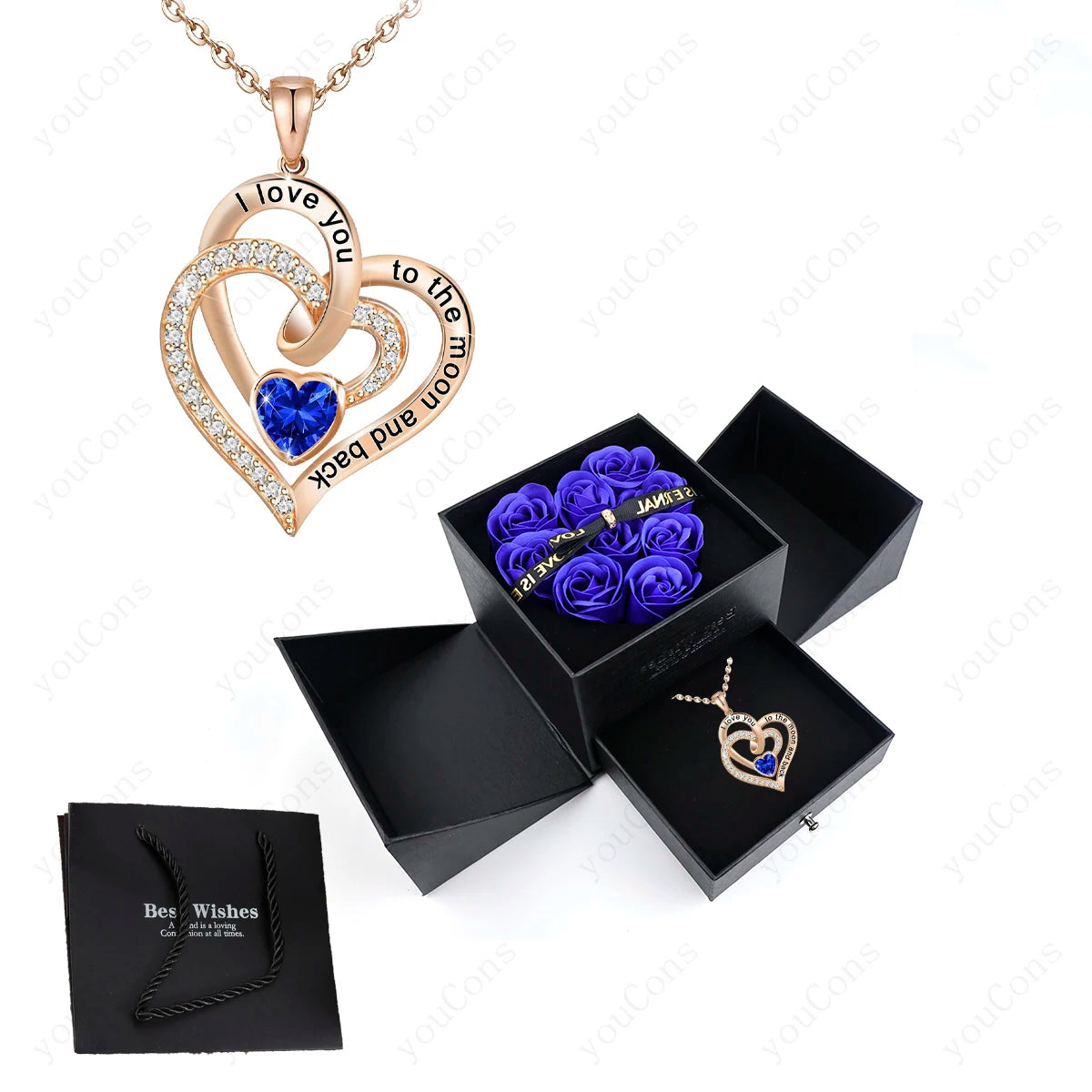 102DBE-BK02DBE Metal Color Heart Zircon Pendant Necklace With Rose Bow Gift Box