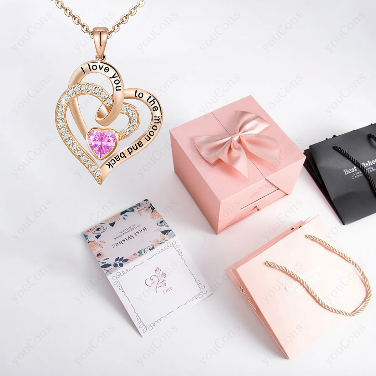 RG-102PK-BX02P-PK Metal Color Heart Zircon Pendant Necklace With Rose Bow Gift Box