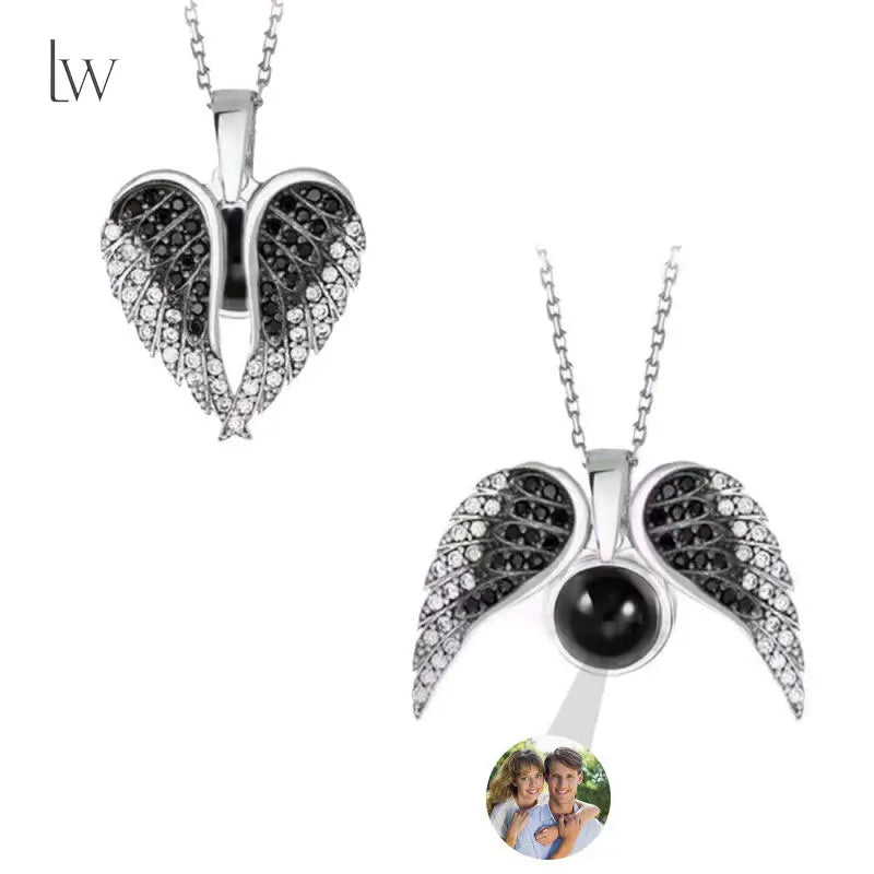 Black Metal Color Custom Photo Angel Wings Necklace With Projection Charm