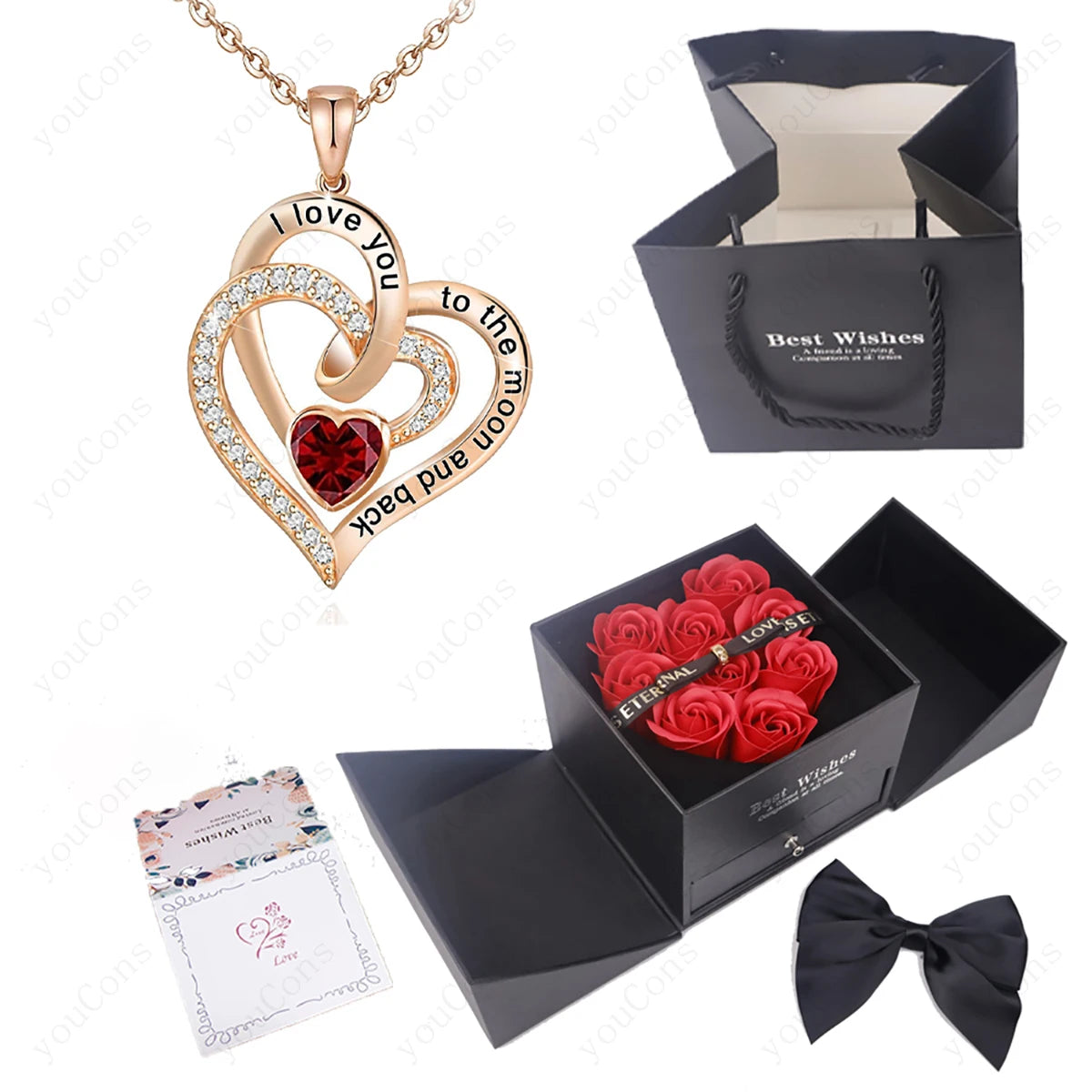 102RD-BX02RD Metal Color Heart Zircon Pendant Necklace With Rose Bow Gift Box