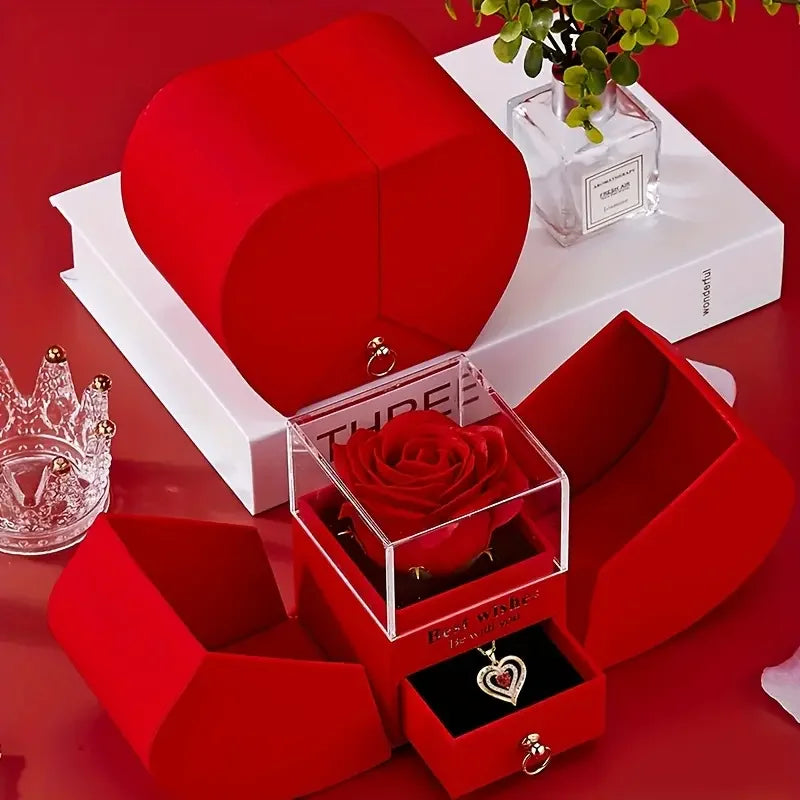 Heart Pendant Necklace With Red Rose Gift Box