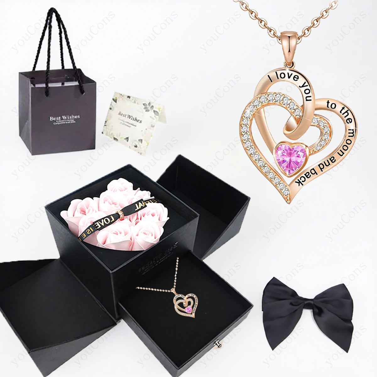 102PK-BX02LPK Metal Color Heart Zircon Pendant Necklace With Rose Bow Gift Box