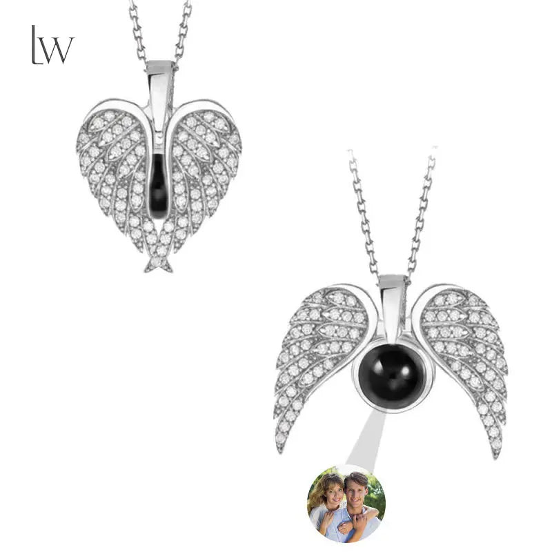 Silver Metal Color Custom Photo Angel Wings Necklace With Projection Charm