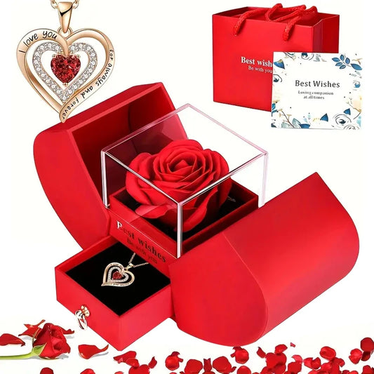 Heart Pendant Necklace With Red Rose Gift Box