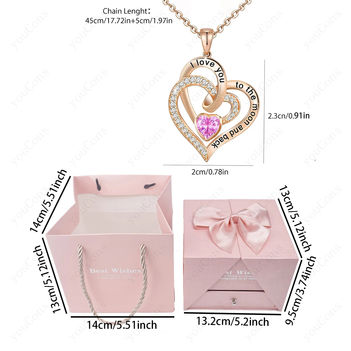 Heart Zircon Pendant Necklace With Rose Bow Gift Box