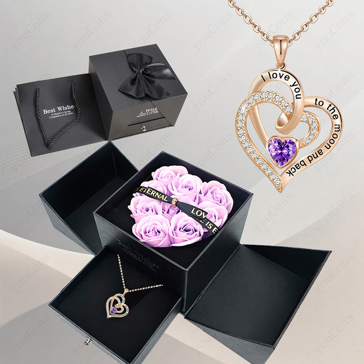 102PE-BX02LPE Metal Color Heart Zircon Pendant Necklace With Rose Bow Gift Box
