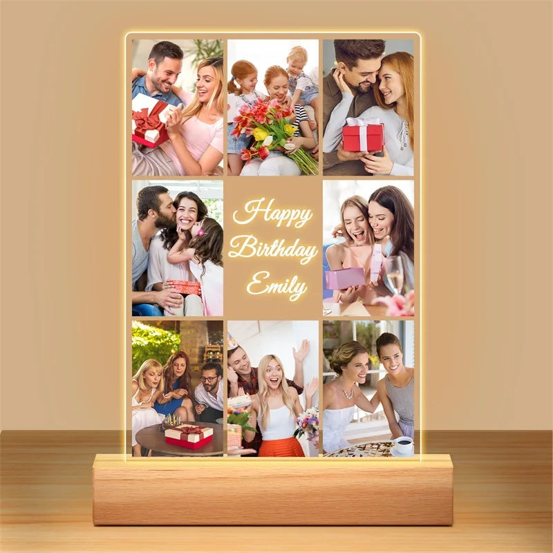 8 Photos Metal Color Personalized Acrylic Photo Frame With Night Light Gift