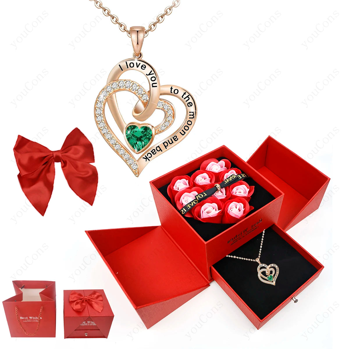 102GN-BX02R-RDPK Metal Color Heart Zircon Pendant Necklace With Rose Bow Gift Box