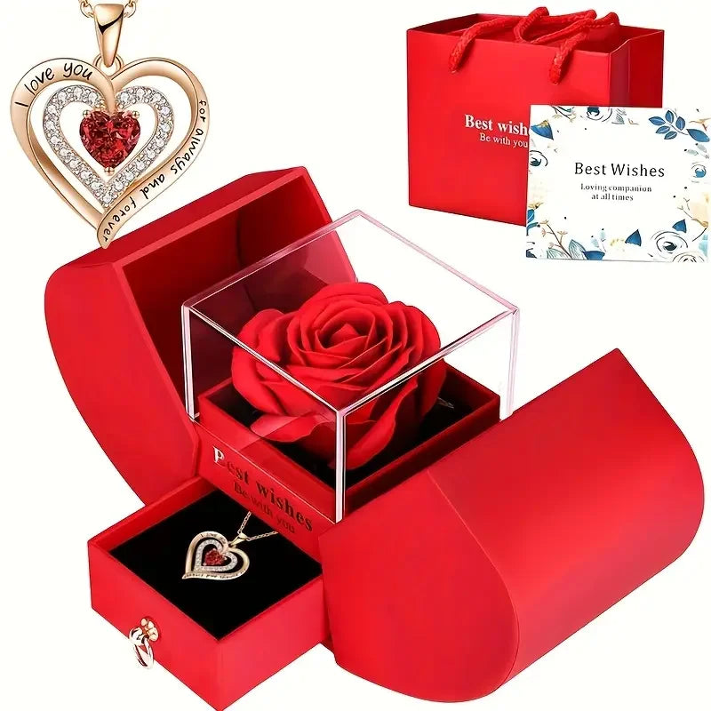 Heart Pendant Necklace With Red Rose Gift Box