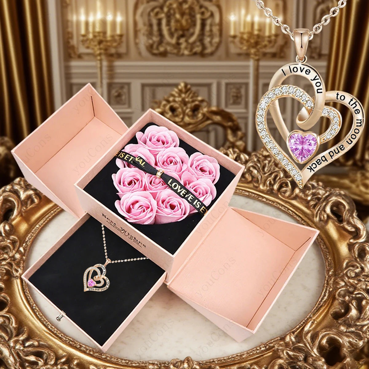 Heart Zircon Pendant Necklace With Rose Bow Gift Box