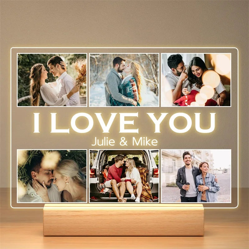 6 Photos Metal Color Personalized Acrylic Photo Frame With Night Light Gift