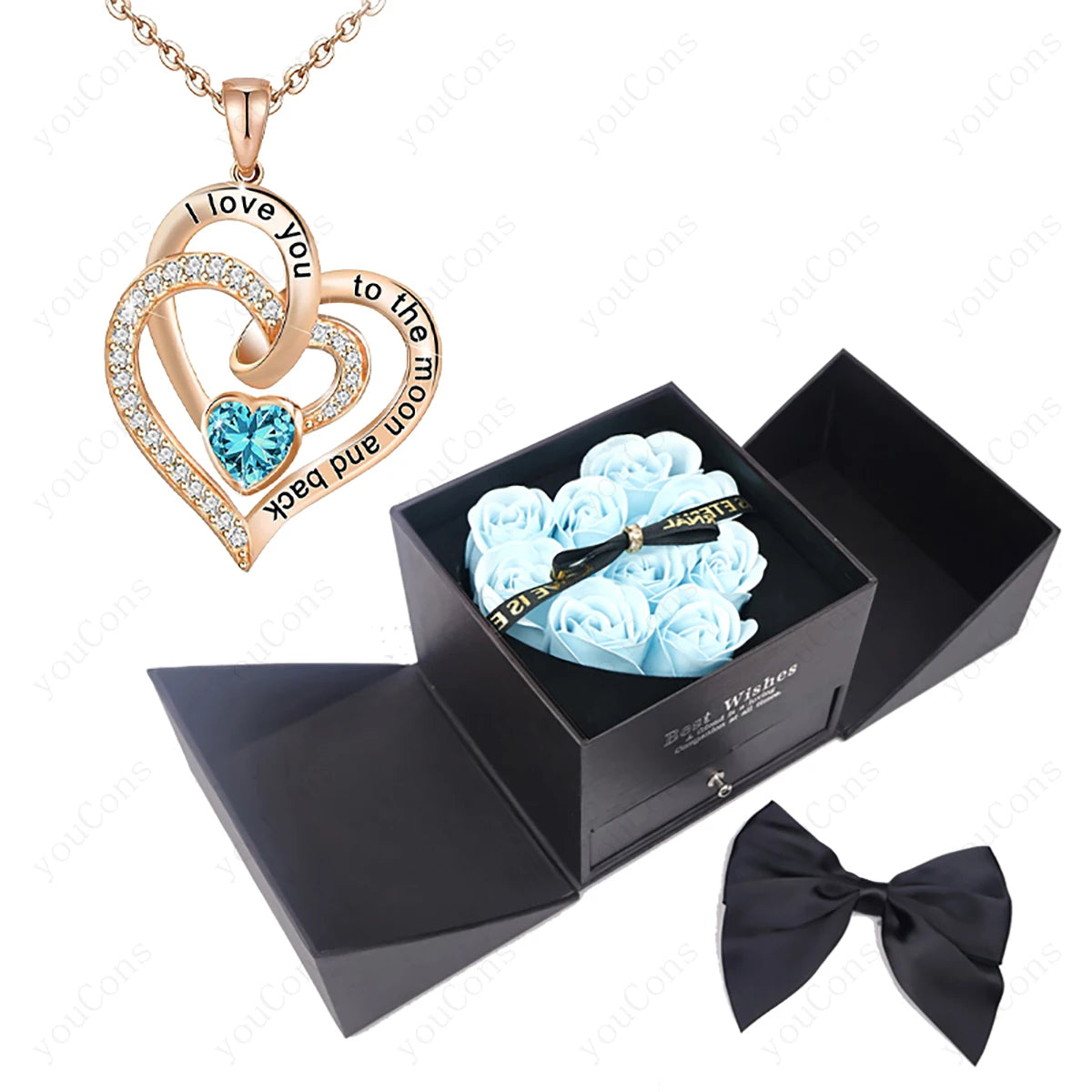 102LBE-BX02LBE Metal Color Heart Zircon Pendant Necklace With Rose Bow Gift Box
