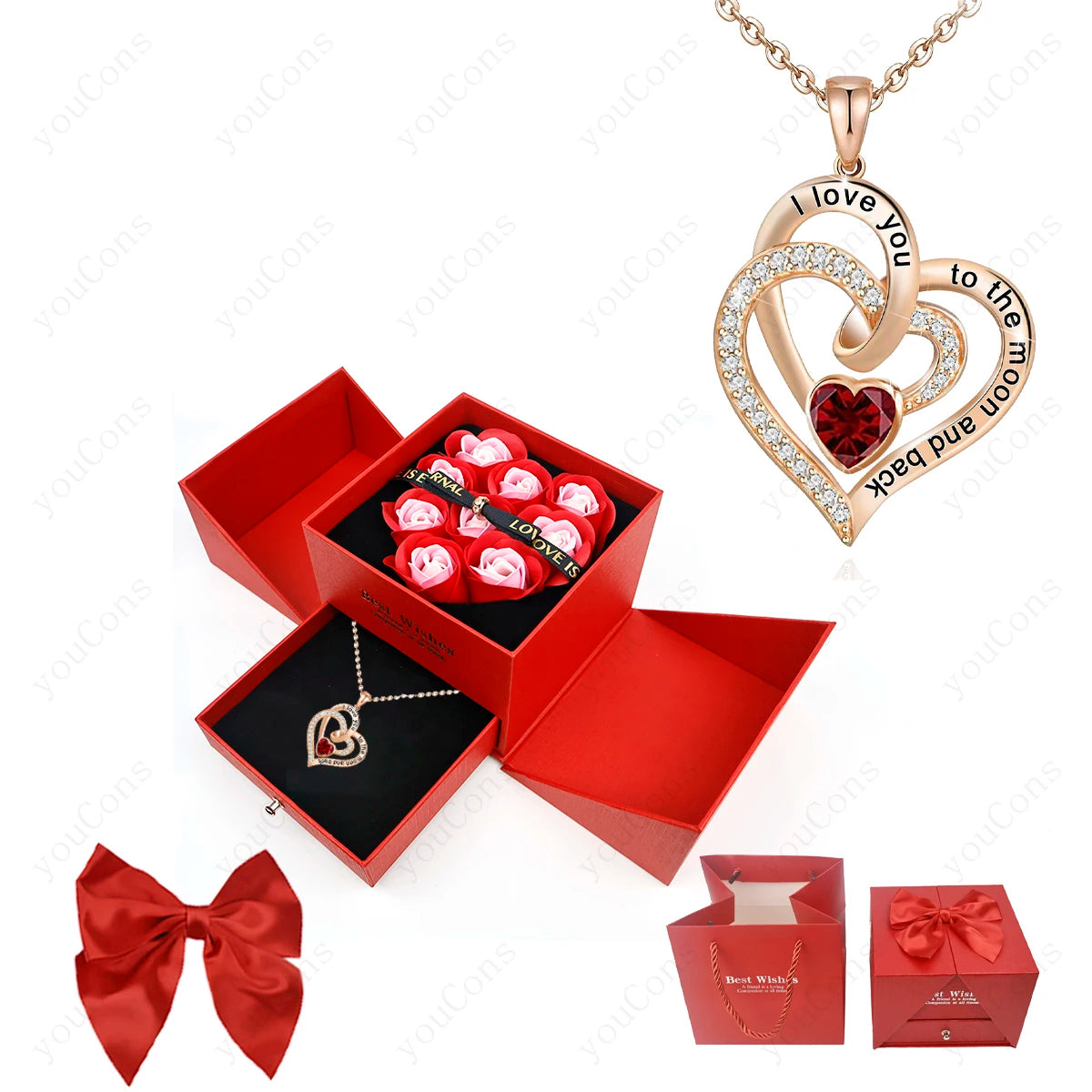 102RD-BX02R-RDPK Metal Color Heart Zircon Pendant Necklace With Rose Bow Gift Box