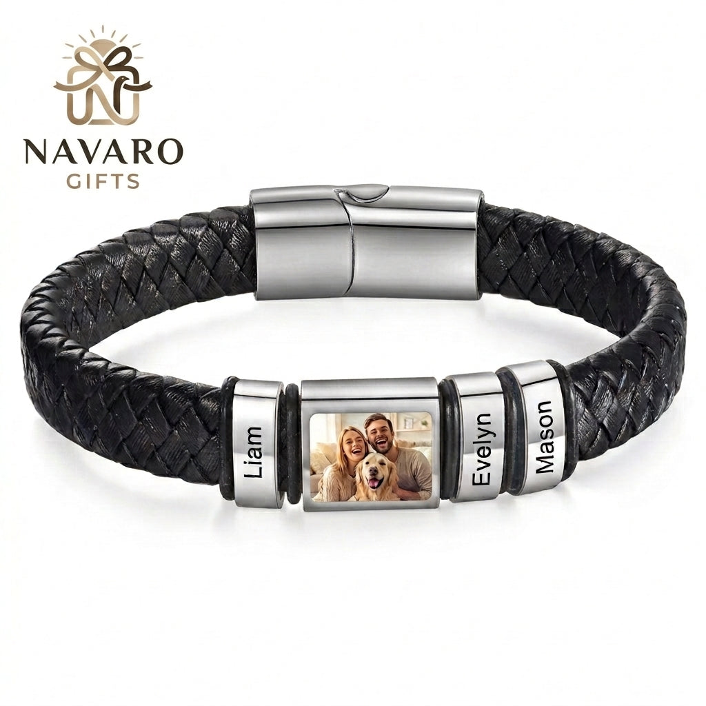 Men’s Custom Photo Leather Bracelet With Engraved Name