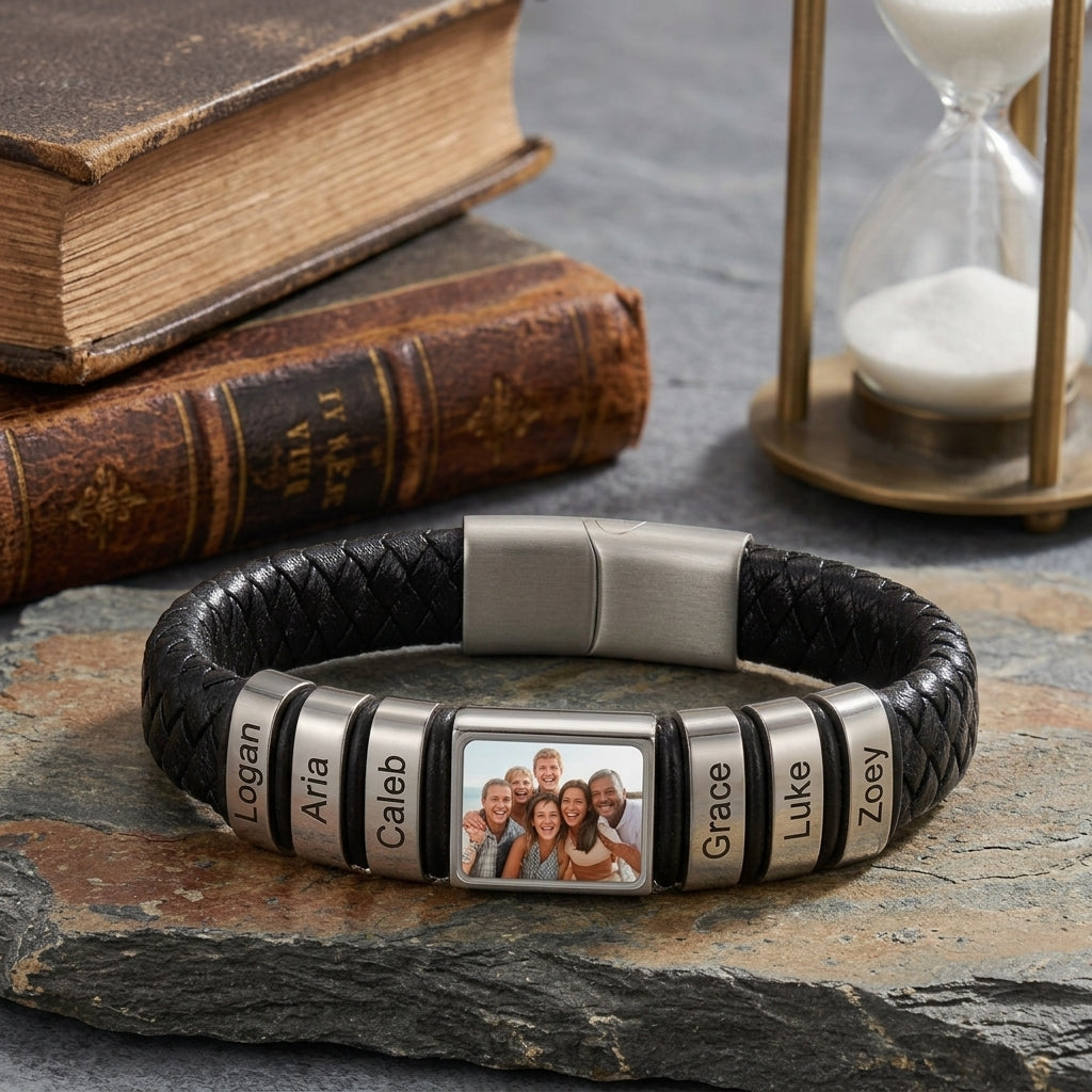 Men’s Custom Photo Leather Bracelet With Engraved Name