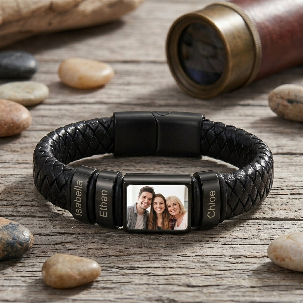 Men’s Custom Photo Leather Bracelet With Engraved Name