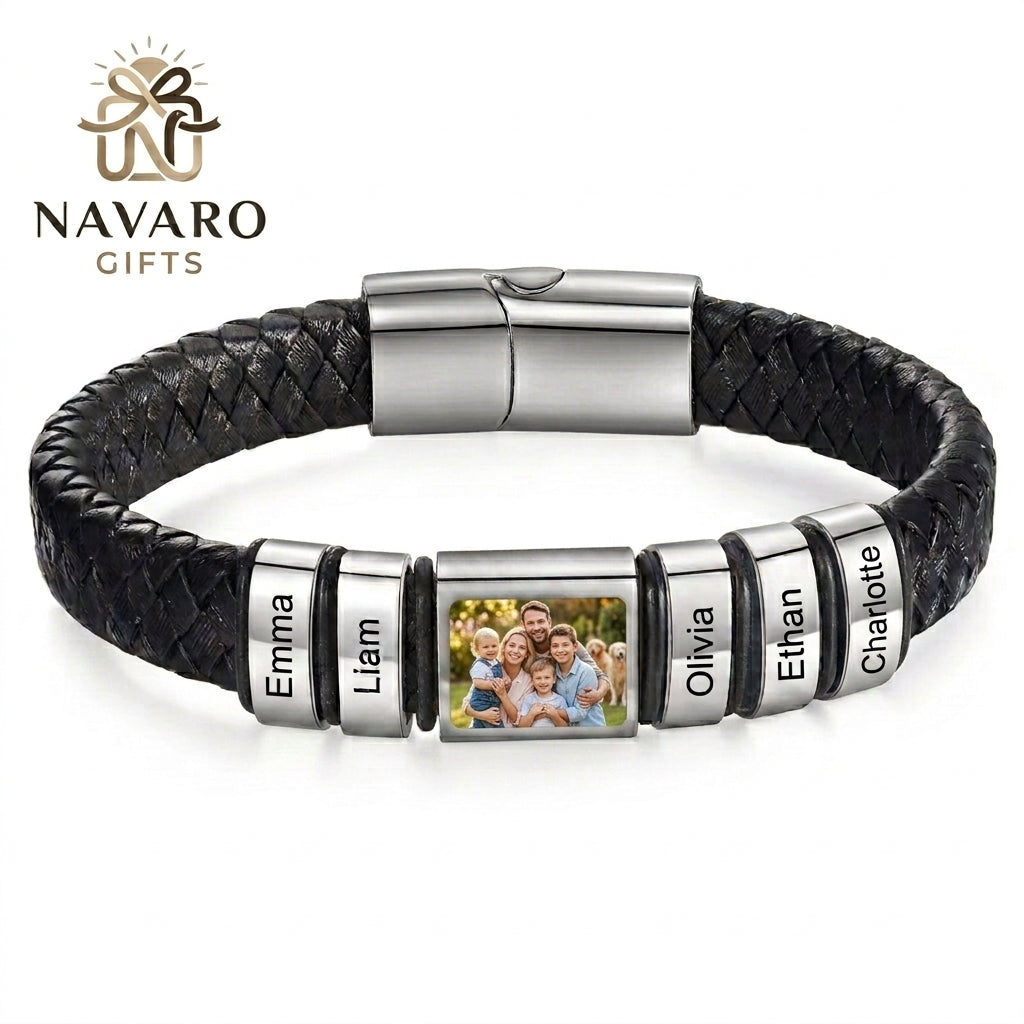Men’s Custom Photo Leather Bracelet With Engraved Name