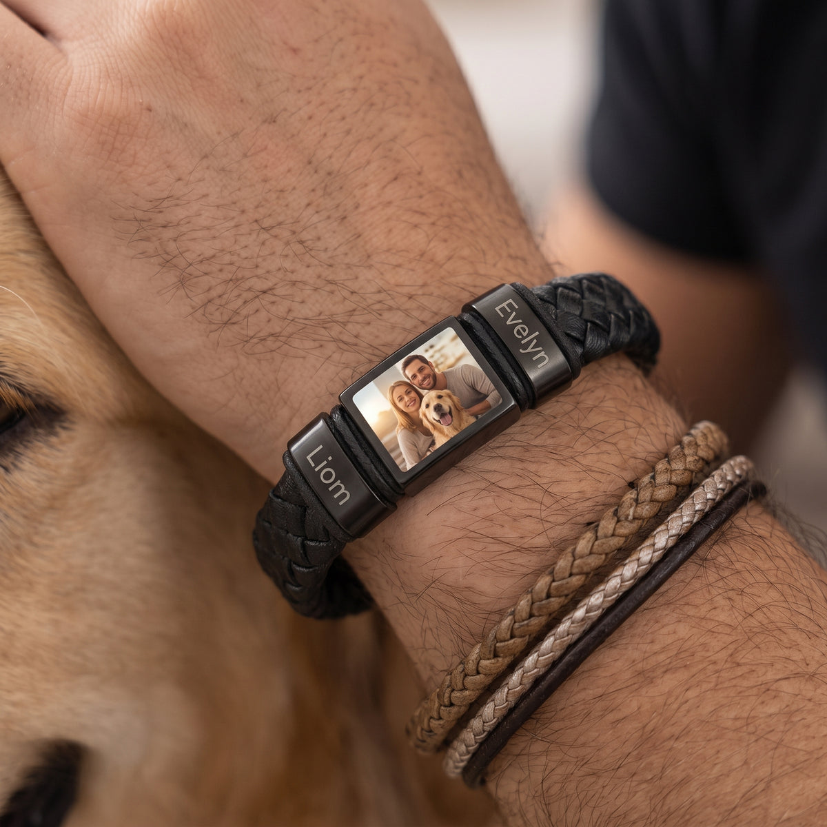 Men’s Custom Photo Leather Bracelet With Engraved Name