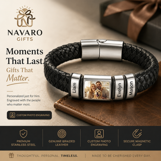 Men’s Custom Photo Leather Bracelet With Engraved Name