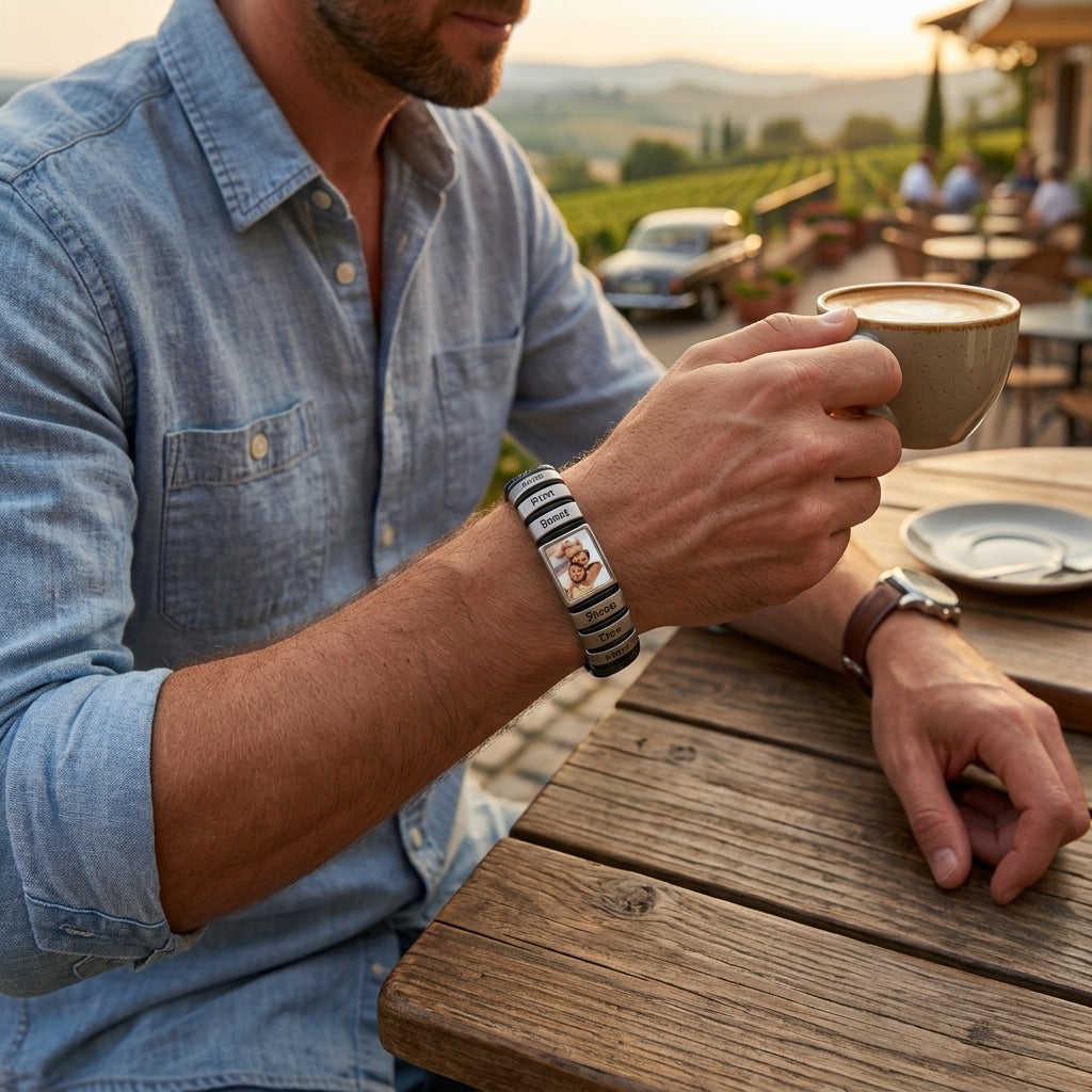 Men’s Custom Photo Leather Bracelet With Engraved Name