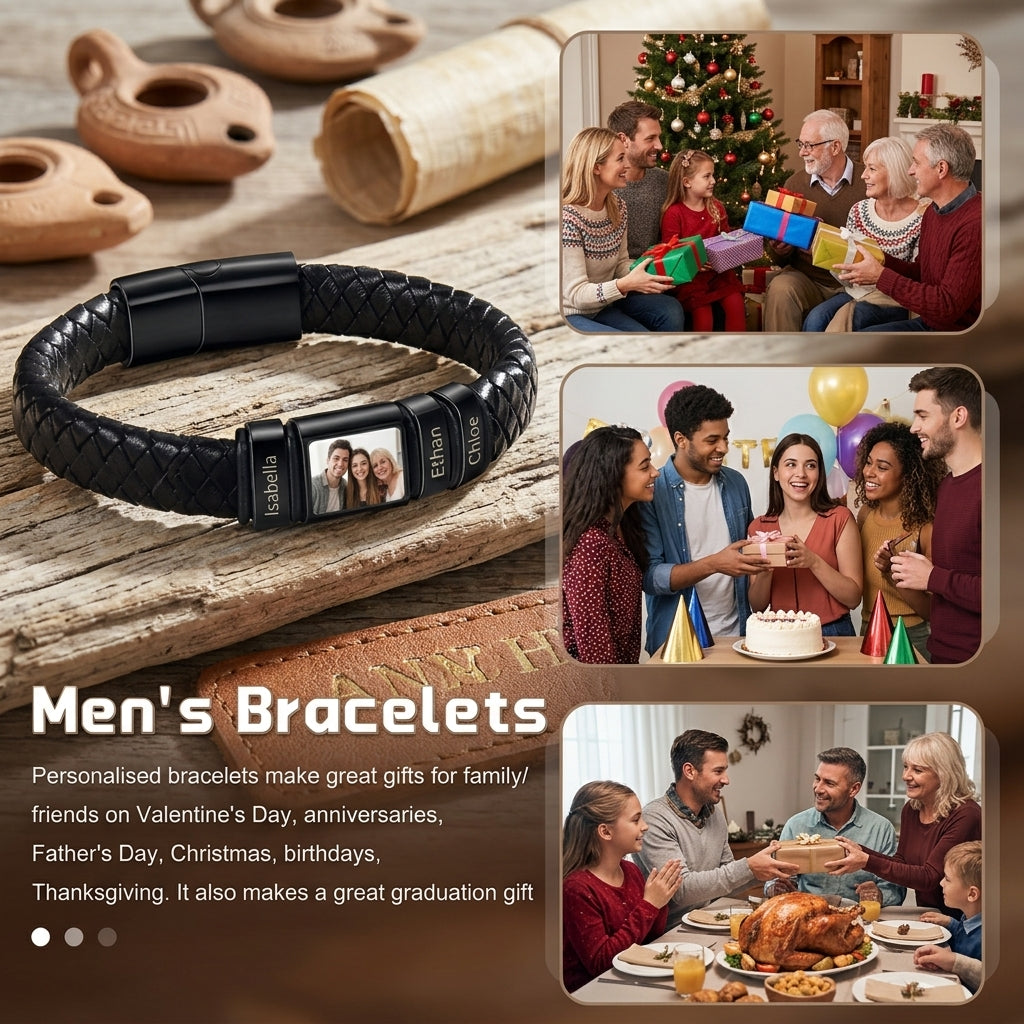 Men’s Custom Photo Leather Bracelet With Engraved Name
